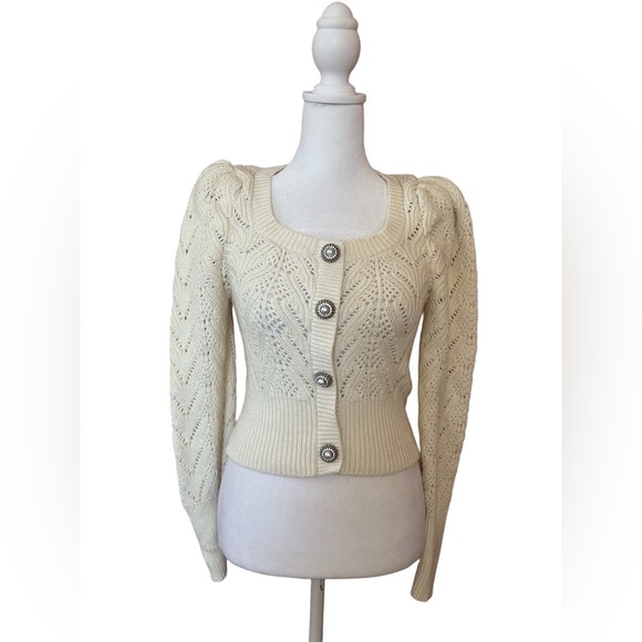 Express cozy glamorous open knit bling button puffy shoulder coquette sweater XS - Picture 7 of 14